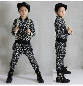Gold silver printed cotton long sleeves girls boys children modern dance stage performance school play jazz hip hop dance outfits for kids